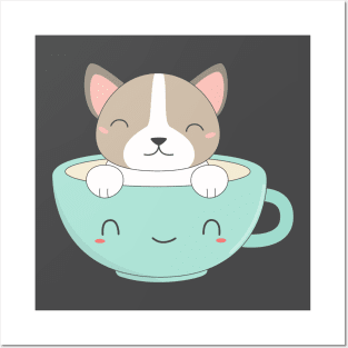 Kawaii and cute coffee puppy t-shirt Posters and Art